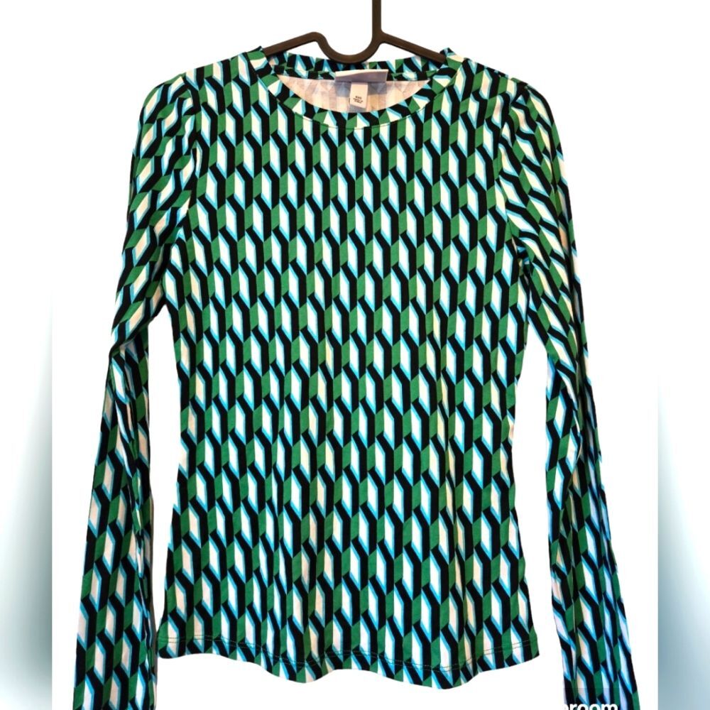 Diane Von Furstenberg Geo Metro Green Arrow Design Long Sleeve Top NWOT Size XXS